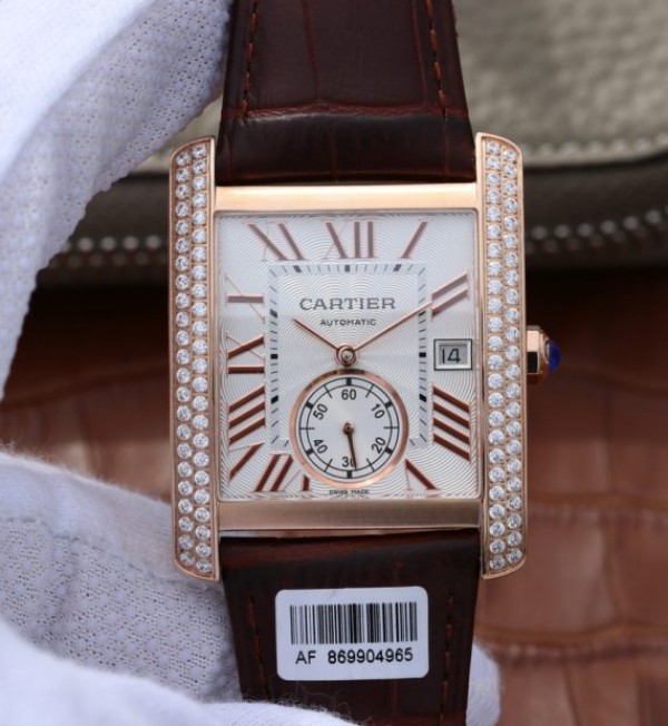 Replica Cartier Tank MC RG White Dial RG Mark Diamonds Bezel Leather Strap
