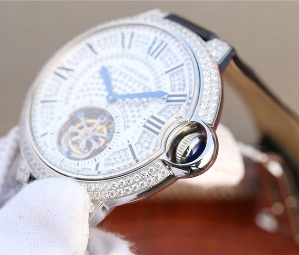 Replica Cartier Ballon Bleu de Cartier Tourbillon SS Full paved Diamonds Leather Strap