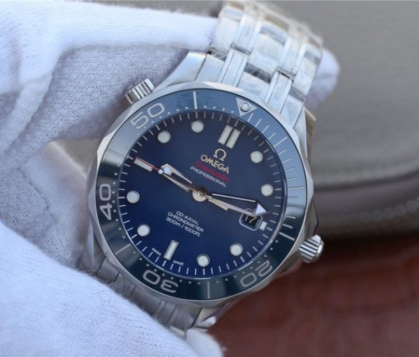 Replica Omega OMF Seamaster 300M Chronometer Blue Dial SS Bracelet A2824