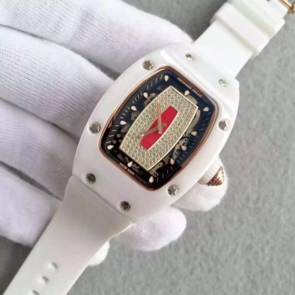 Replica Richard Mille RM 007-01 Lady SS Diamonds Red Dial RG White Rubber Strap 6T51