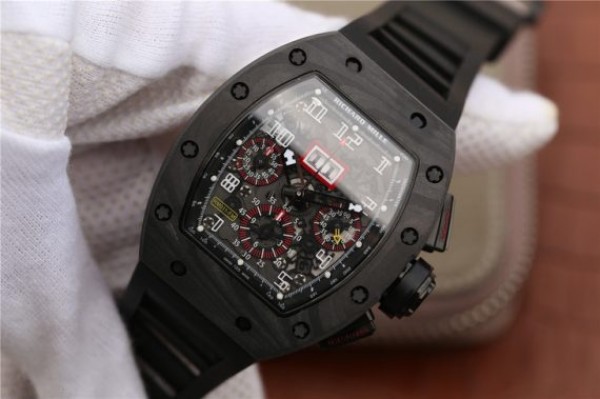 Replica Richard Mille RM011 NTPT Carbon Case Chronograph KVF Crystal Skeleton Dial Red Black Rubber Strap A7750