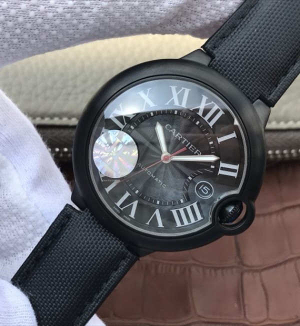 Replica Cartier JF Ballon Bleu 42mm DLC All Black Black Textured Dial Leather Strap A1847