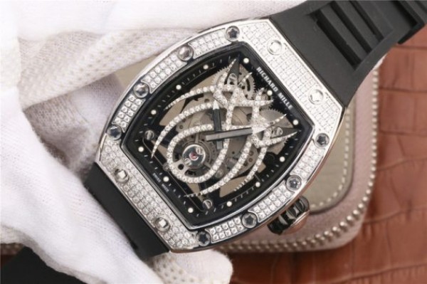 Replica Richard Mille RM 19-01 Tourbillon SS Full Paved Diamonds Case Skeleton Spider Dial Black Rubber Strap 6T51