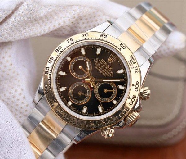 Replica Rolex Daytona 116523 Thick YG Wrapped Black Dial Sticks Markers SS/YG Bracelet A7750