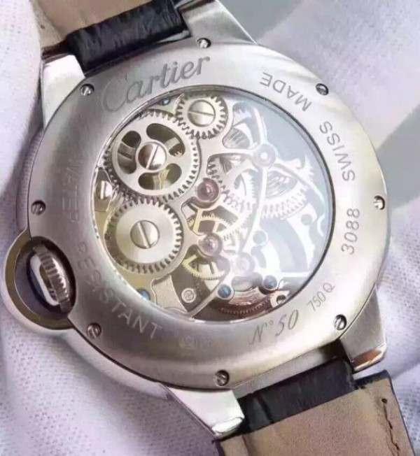 Replica Cartier Ballon Bleu Skeleton Tourbillon White Dial Brown Leather Strap