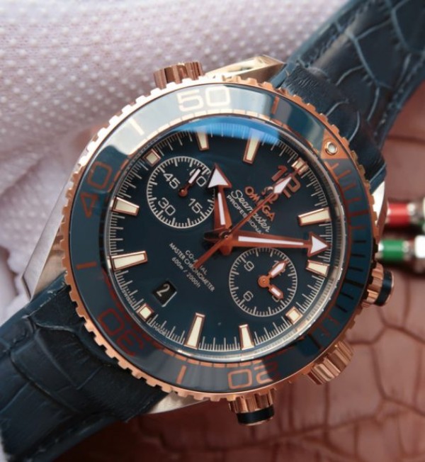 Replica Omega OMF Planet Ocean Master Chronometer SS/RG Blue Bezel Blue Dial Leather Strap A9901