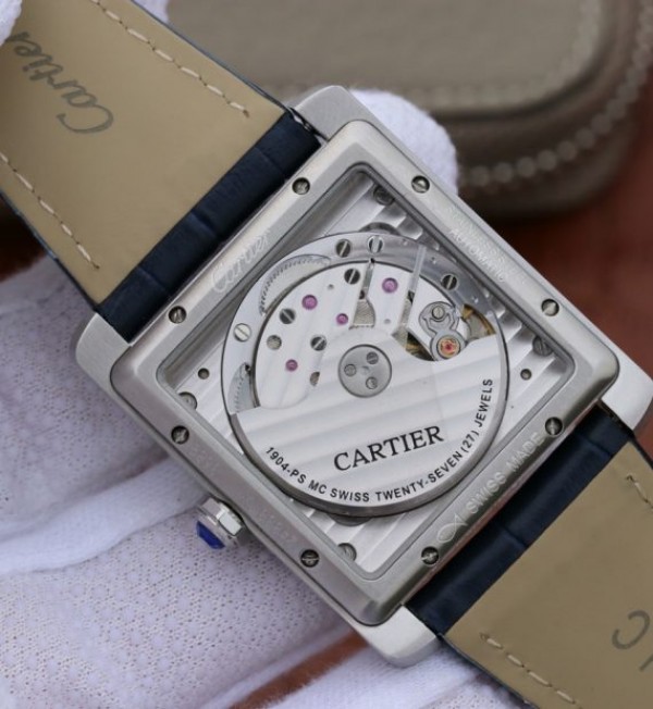 Replica Cartier Tank MC SS Blue Textured Dial Blue Leather Strap