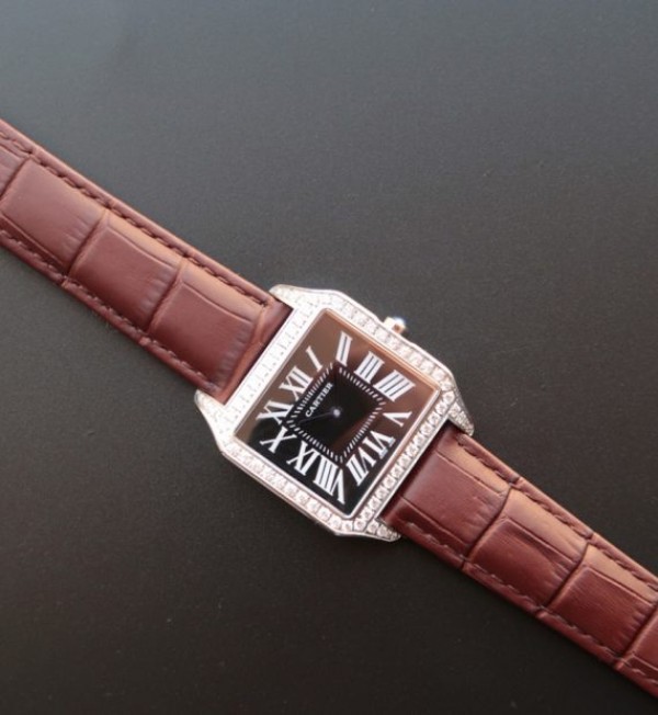 Replica Cartier Santos WH100651 Diamond SS Black Dial Leather Strap A9015