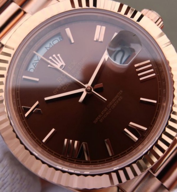 Replica Rolex Day-Date 40mm 228235 RG Noob Brown Dial Roman Markers RG Bracelet A3255