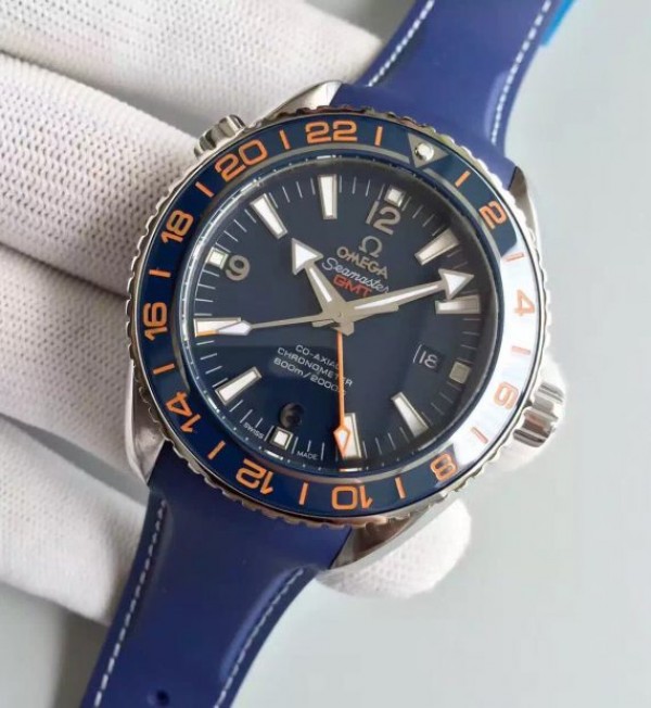 Replica Omega Planet Ocean GMT Goodplanet Blue Bezel Orange Marker Blue Dial Rubber A8605
