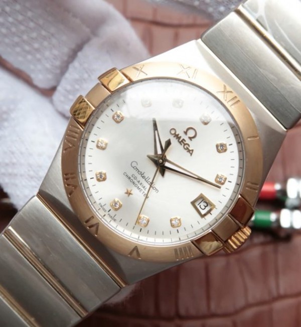 Replica Omega V6 Constellation 35mm White Dial YG Bezel Diamonds Markers SS Bracelet A2500