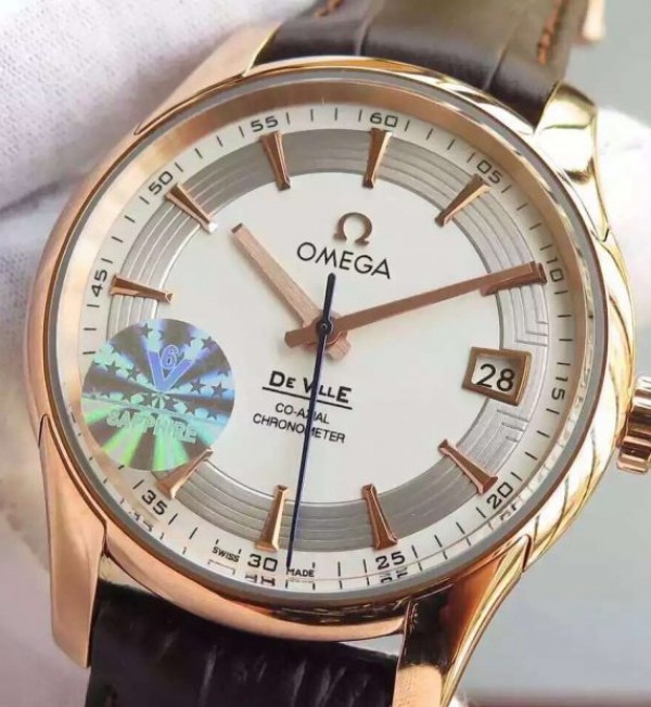 Replica Omega V6F De Ville Hour Vision Co-Axial 41mm RG White Dial Brown Leather Strap A8500