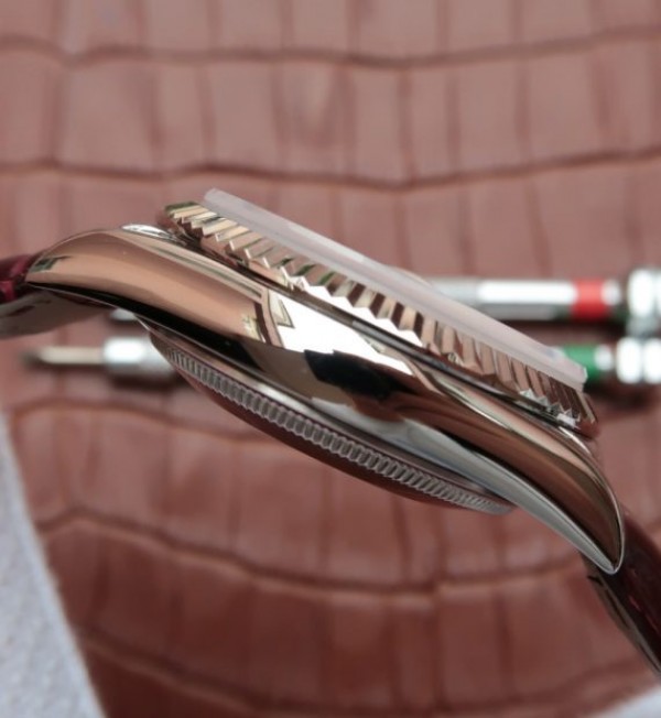 Replica Rolex Day-Date 36mm 118139-L Red Dial Stick Markers Brown Leather Strap A2836