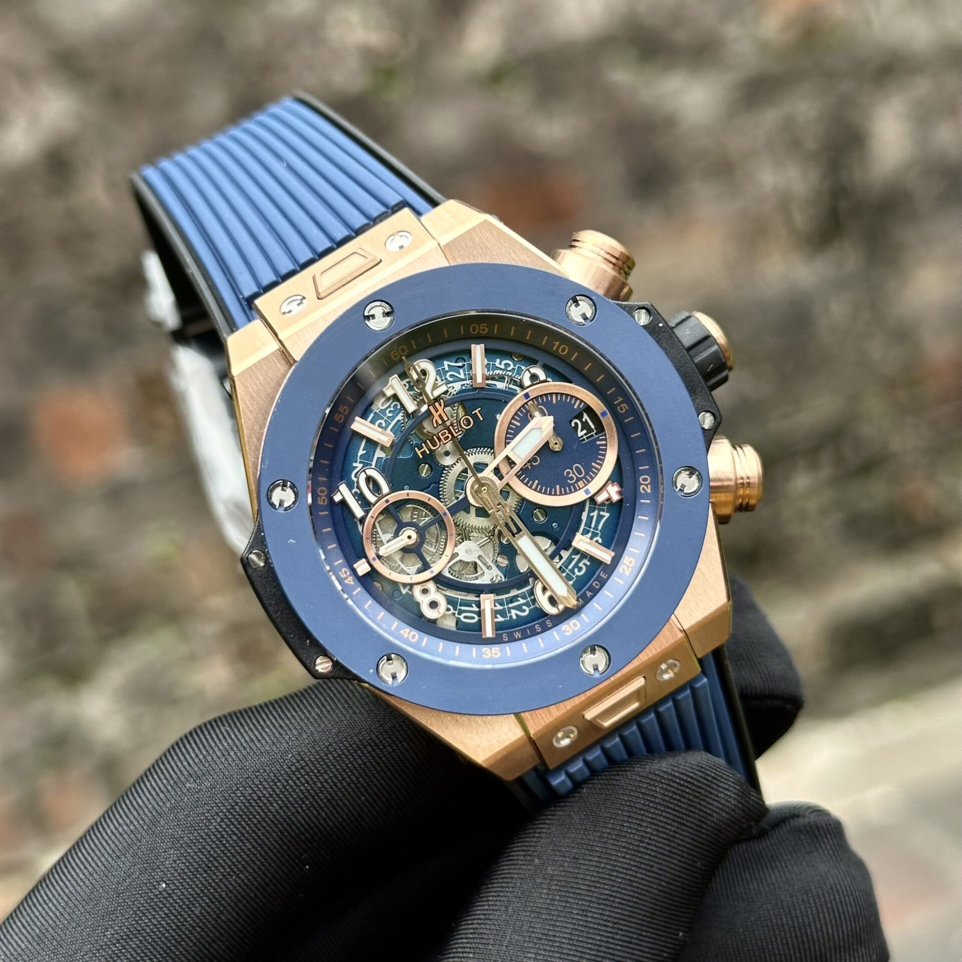 Hublot Replica Watch Big Bang Unico King Gold Blue Ceramic Benzel 44mm