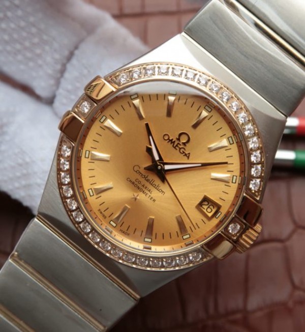 Replica Omega V6 Constellation 35mm Diamonds Bezel YG Dial SS Bracelet A2500