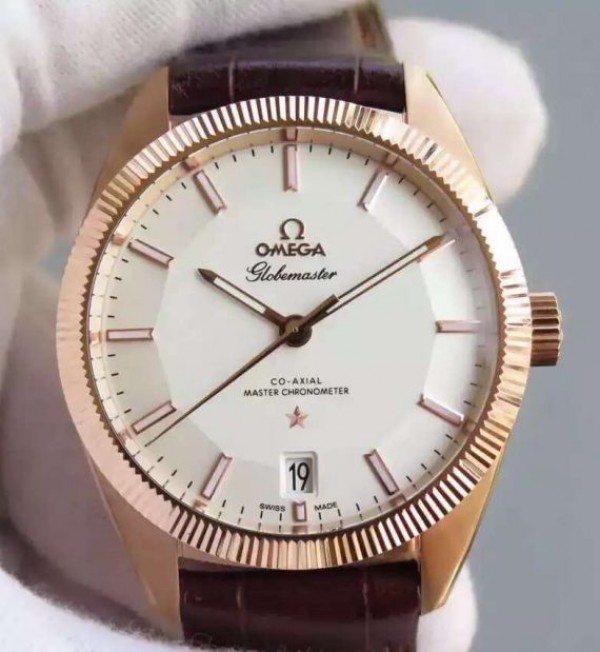Replica Omega Globemaster Master RG Case White Dial Brown Leather Strap A8901