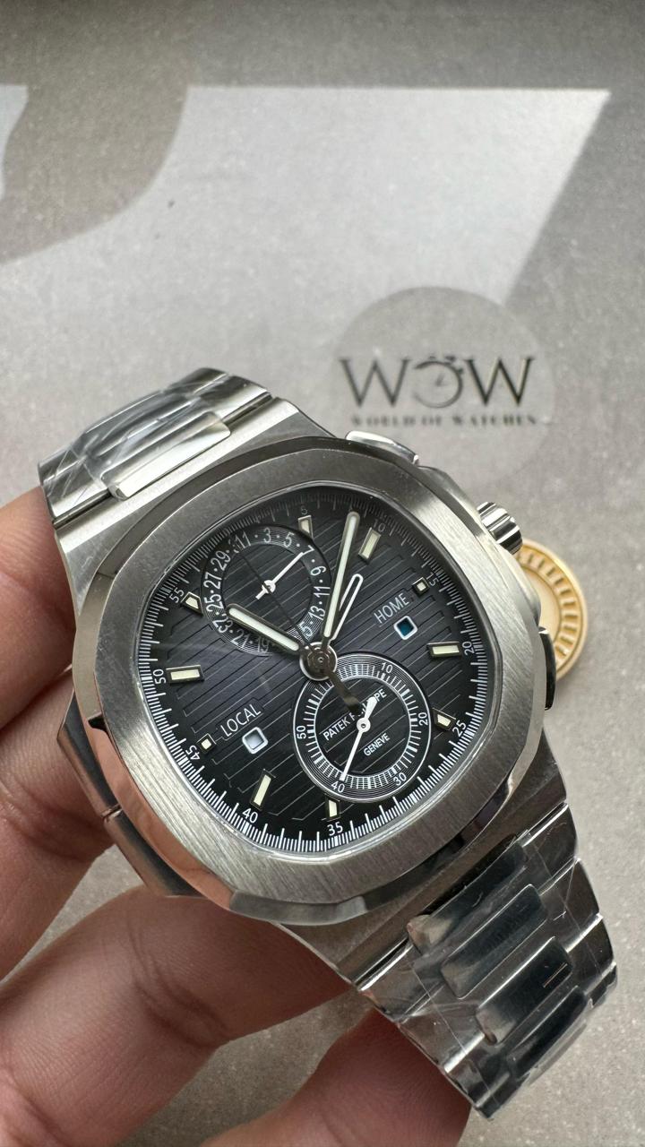 Replica PATEK PHILIPPE PPF Nautilus Chronograph Travel 5990 SS Grey Dial Stick on SS Bracelet A28-520