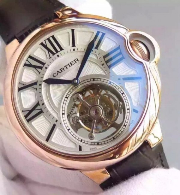 Replica Cartier Ballon de Cartier 46MM Tourbillon RG White Dial Leather Strap Flying Tour