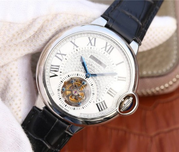 Replica Cartier Ballon Bleu de Cartier Tourbillon SS Leather Strap