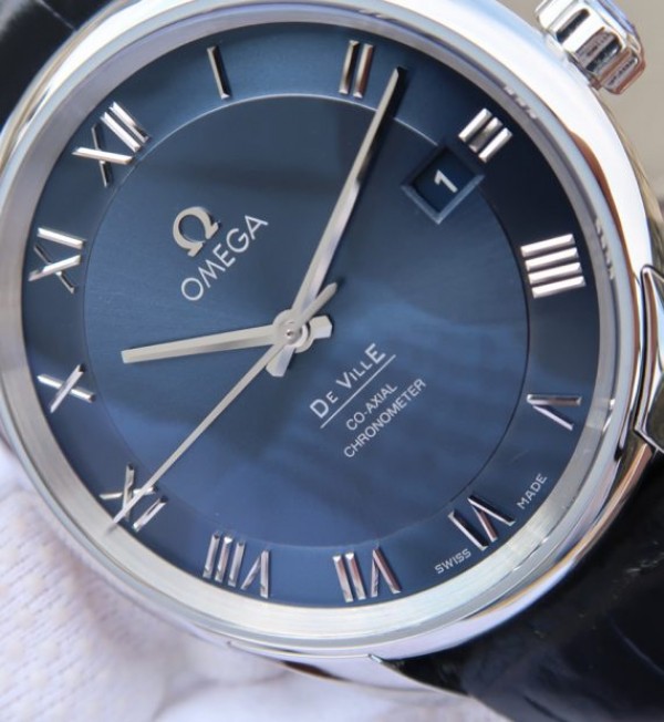 Replica Omega V6 De Ville 41mm SS Blue Dial Black Leather Strap A8500