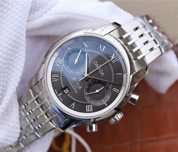 Replica Omega OMF De Ville Chronograph 42mm Black Dial SS Bracelet A9300