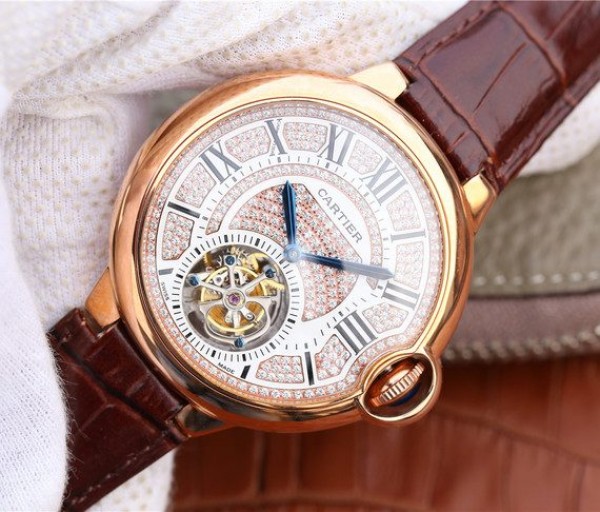 Replica Cartier Ballon Bleu de Cartier Tourbillon RG Leather Strap Diamonds Dial