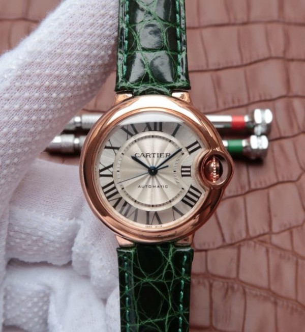Replica Cartier Ballon Bleu 33mm RG White Textured Dial Leather Strap