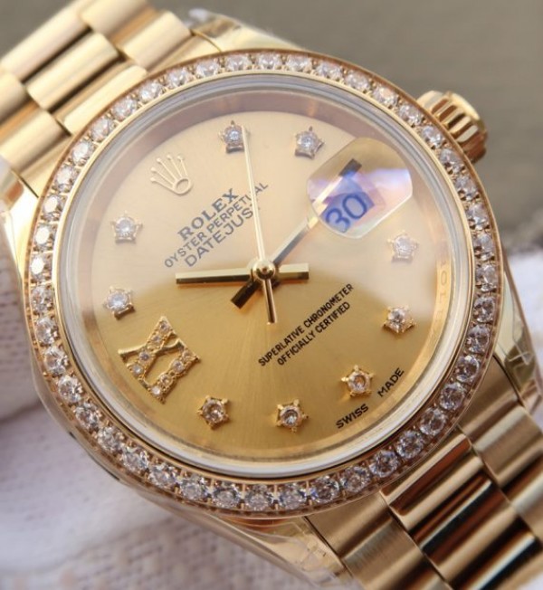 Replica Rolex DateJust 31mm Diamonds Bezel/Markers RG Gold Dial Bracelet A2235
