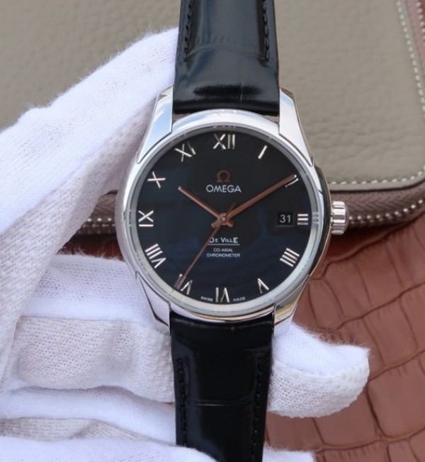 Replica Omega V6 De Ville 41mm SS Black Dial Black Leather Strap A8500