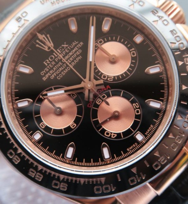 Replica Rolex Daytona 116515 Noob Black/RG Dial Black Leather Strap A7750