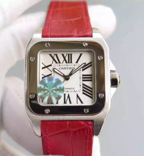 Replica Cartier V6 Santos 100 W20126X8 36mm White Dial Black Leather Strap