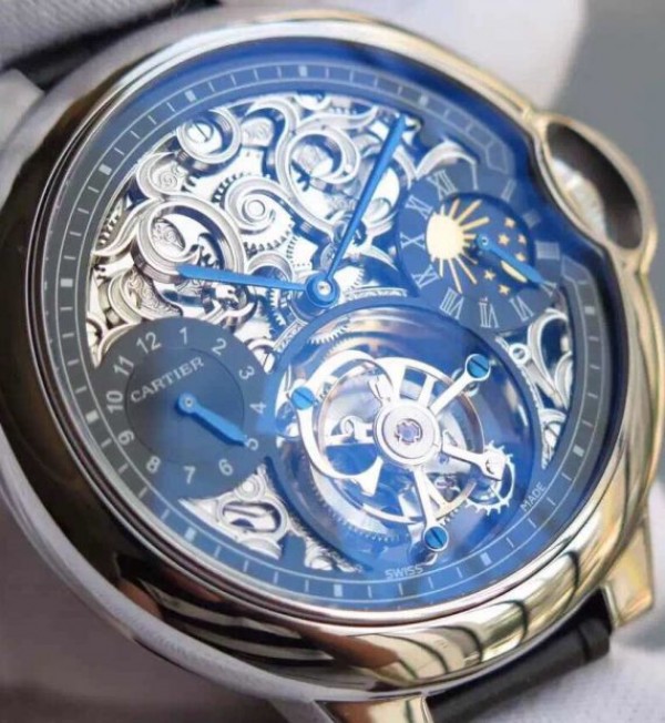Replica Cartier Ballon Bleu Skeleton Tourbillon Black Dial Black Leather Strap