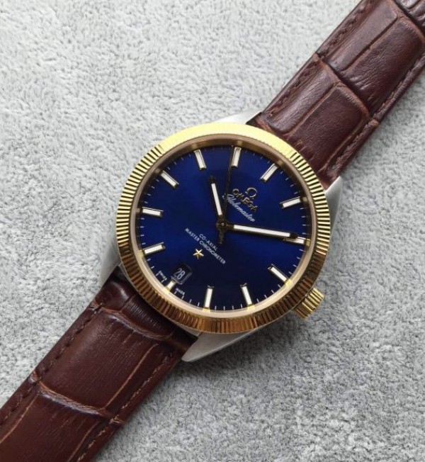 Replica Omega Globemaster Master Chronometer Blue Dial Brown Leather Strap A8913