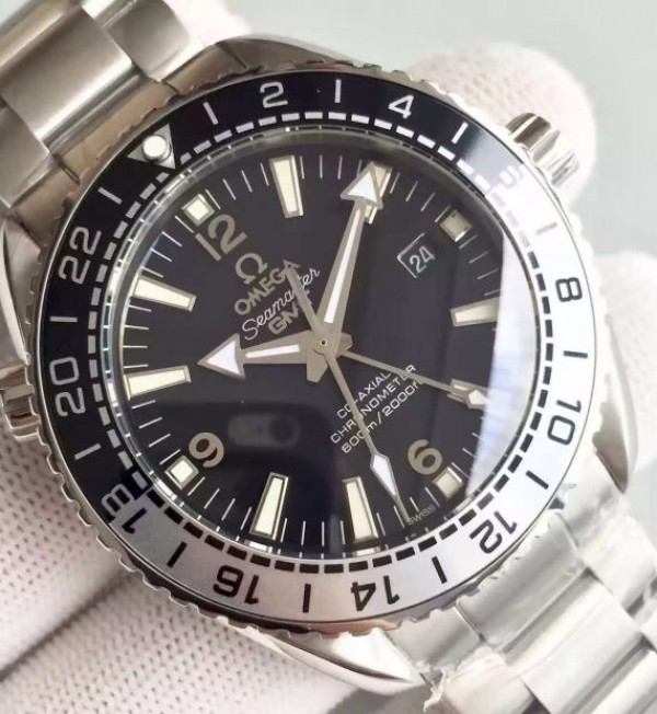 Replica Omega Planet Ocean 600M GMT Black/Silver Bezel Black Dial SS Bracelet A8906