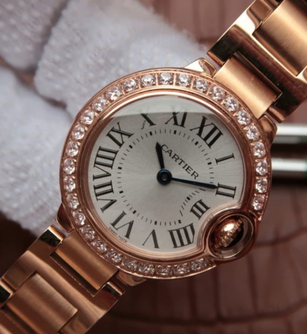 Replica Cartier Ballon Bleu 28mm RG Diamonds Bezel White Dial Bracelet Ronda Quartz