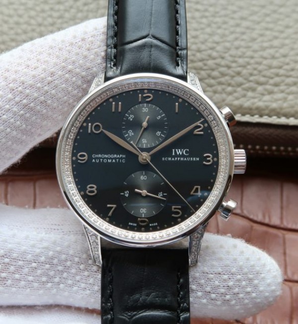 Replica IWC ZF Portuguese Chrono IW371447 Diamonds Bezel Leather Strap