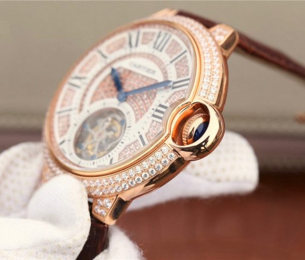 Replica Cartier Ballon Bleu de Cartier Tourbillon RG Full Paved Diamonds Leather Strap