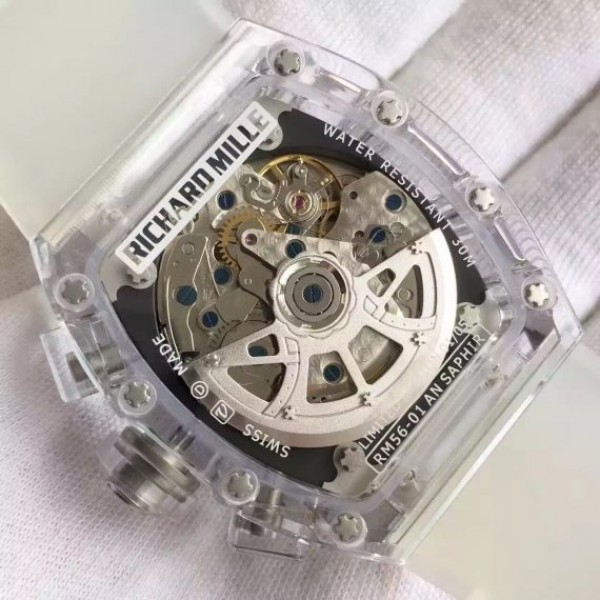 Replica Richard Mille RM011 Transparent Case Black/Green Bezel Skeleton Dial White Rubber Strap A7750