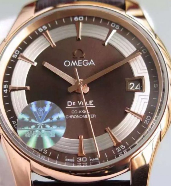 Replica Omega V6F De Ville Hour Vision Co-Axial 41mm RG Brown Dial Brown Leather Strap A8500
