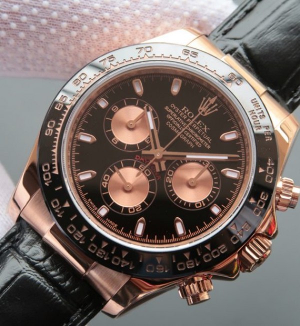 Replica Rolex Daytona 116515 Noob Black/RG Dial Black Leather Strap A7750