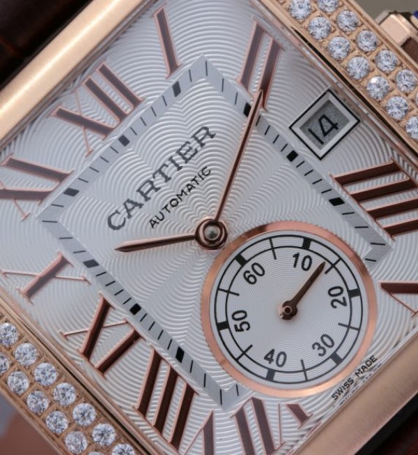 Replica Cartier Tank MC RG White Dial RG Mark Diamonds Bezel Leather Strap