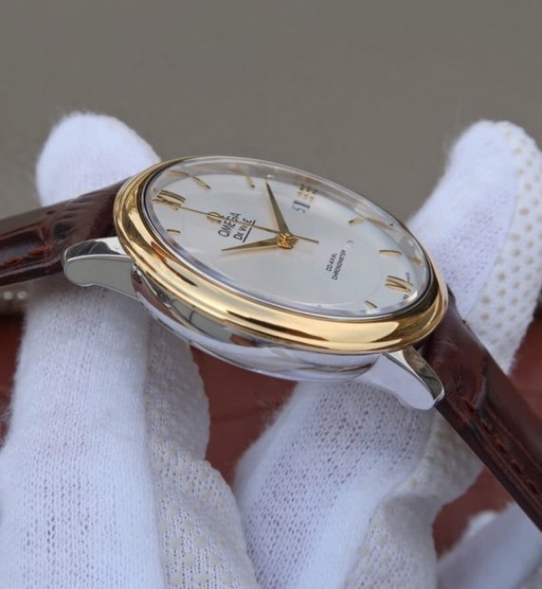 Replica Omega V6 De Ville 37mm YG Bezel White Dial YG Markers Leather Strap A2892