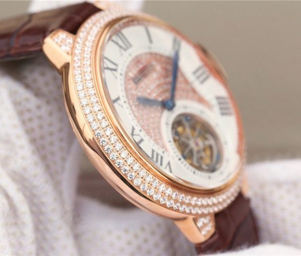 Replica Cartier Ballon Bleu de Cartier Tourbillon RG Paved Diamonds Leather Strap
