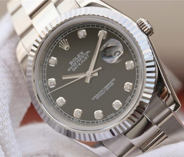 Replica Rolex DateJust 41mm 126334 Fluted Bezel Black Dial Diamonds Markers Jubilee Bracelet A3235