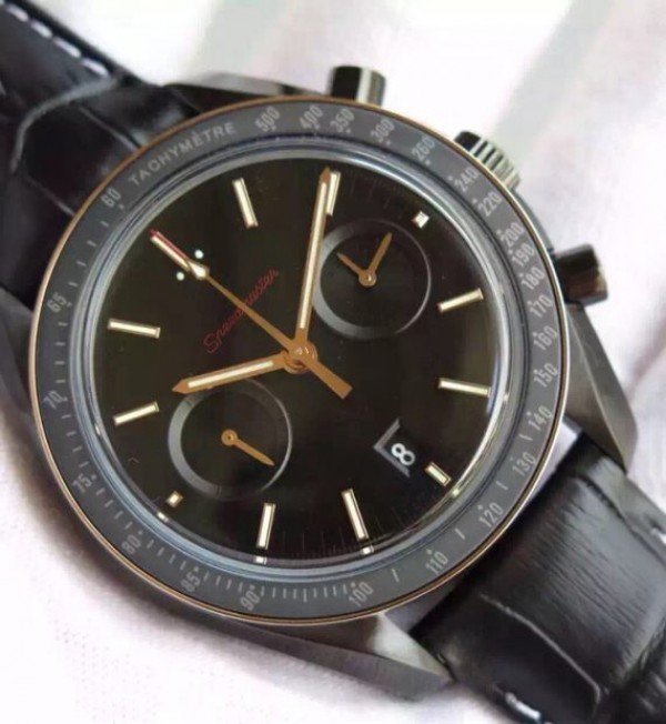 Replica Omega Speedmaster Moonwatch Co-Axial Chronograph Sedna Black Leather A9300