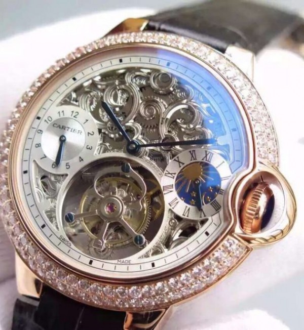 Replica Cartier Ballon Bleu Skeleton Tourbillon Diamond Bezel RG White Dial