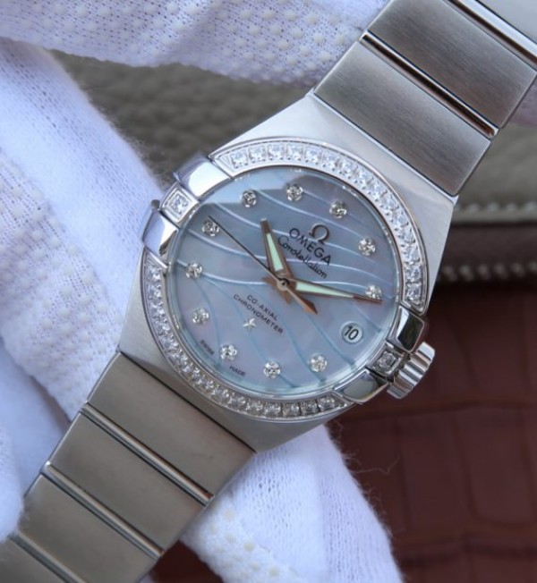 Replica Omega V6 Constellation 27mm SS Blue Dial Diamonds Markers SS Bracelet A8520