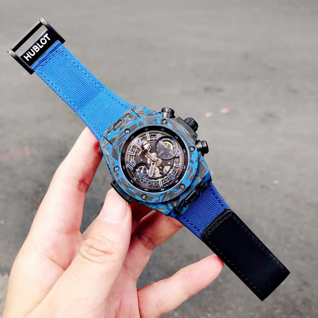 Hublot Big Bang Unico Blue Carbon Replica Watches Best Quality Fabric Strap 45mm