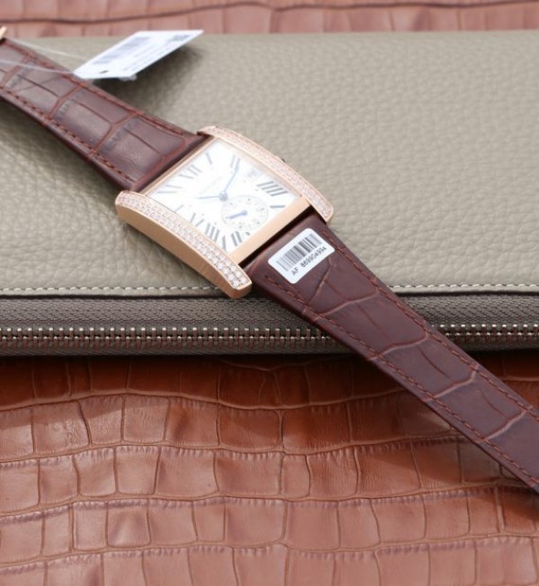 Replica Cartier Tank MC RG White Textured Dial Diamonds Bezel Leather Strap