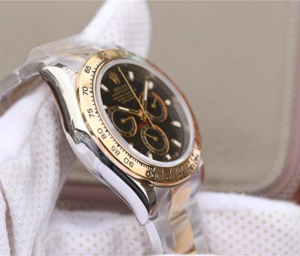 Replica Rolex Daytona 116523 Thick YG Wrapped Black Dial Sticks Markers SS/YG Bracelet A7750